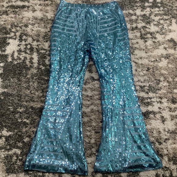 Longbida Pants - New ladies lined sequined 2X blue bell bottom pull on disco/party pants
